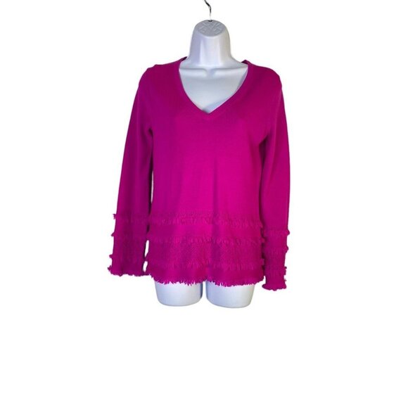 Trina Turk  Womens Merino Wool Pointelle Fringe-Trim Sweater‎ Pink SZ XS - Picture 2 of 7
